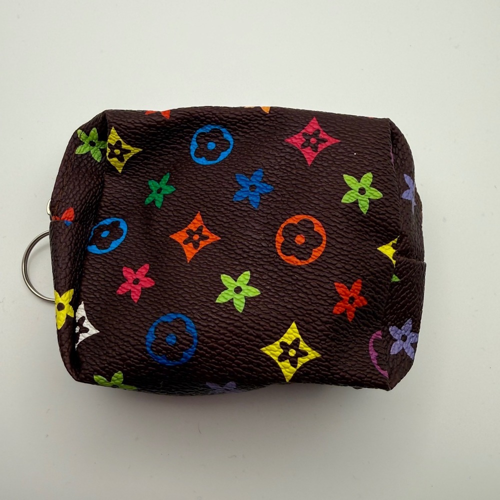 Small‎ Zipper Pouch Cosmetic Bag Keychain Colorful Monogram Pattern Brown